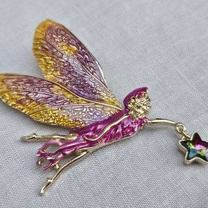 Pink & Yellow Enamel &  Rhinestone Fairy with Star Brooch/Pin
